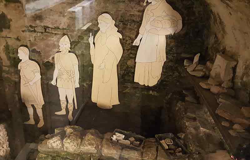 Sally Lunn's museum Stone built kitchen with 4 figures in medieval costume.